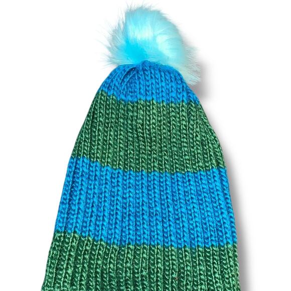 Hat Attack Beanie Cap Knit Happy Stripes Faux Fur Pom Skull Gift OS Blue Green - Picture 4 of 9